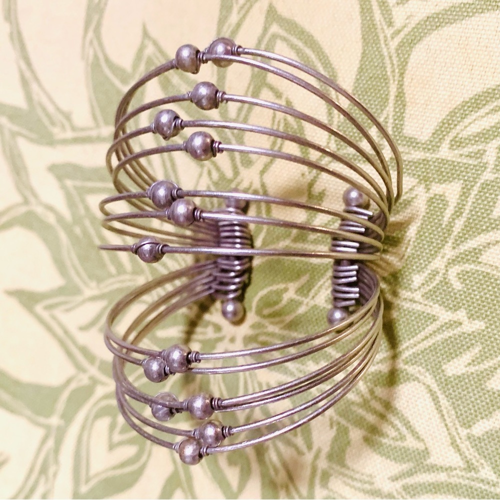 Silver Tone Beaded Multi Wire Cuff Bracelet - Picture 2 of 5